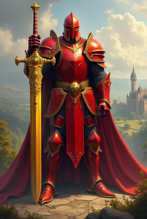 A knight in red armor and a large chunky two-handed golden sword