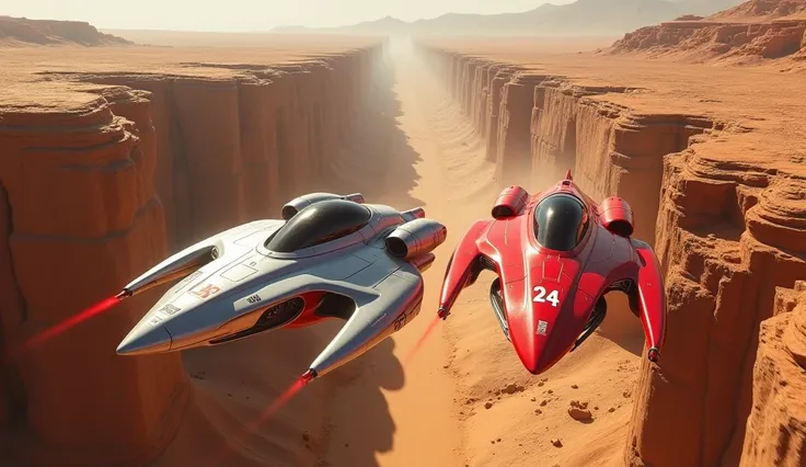  THE CAMERA TRAVELS QUICKLY THROUGH THE MIDDLE OF AN INTRICATE CANYON OF AN ARID ALIEN PLANET, LIFELESS AT GROUND LEVEL , MILES OF SUPERSONIC TRAVEL AT VERY HIGH SPEED . THEY STAR IN TWO FUTURISTIC GRAND PRIX FIGHTER RACING SPACESHIPS FLYING IN PURSUIT AT ...