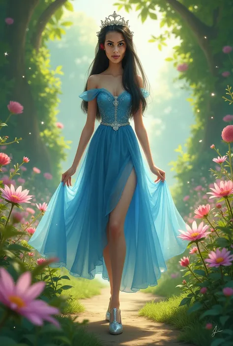 Create the image of this reference character in a garden wearing a blue fairytale princess dress with a tiara and silver shoes she is thin, high, brown color, straight black and long hair,