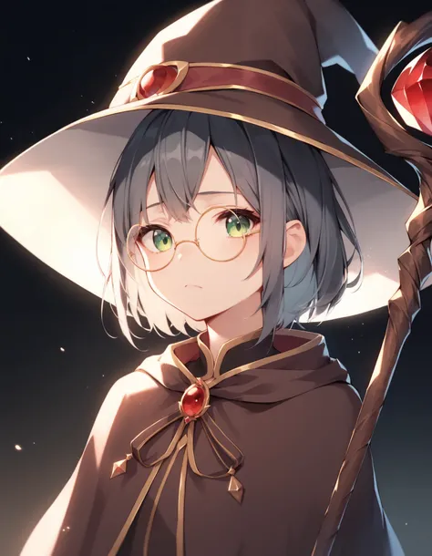 score_9, score_8_up, score_7_up, source_anime, 4RCH0N, 1girl, wizard hat, robe, capelet, tired, jitome, round eyewear, upper body, large staff, wooden staff, red gemstone, red light from staff, looking at viewer, light frown, dark,  brown clothes, silver t...