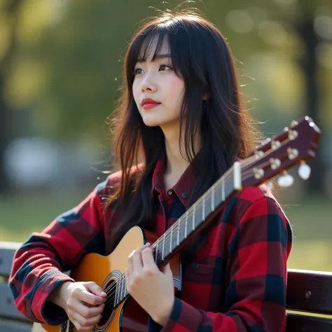 
 Araf woman with guitar sitting on park bench,  with glazed tile skin ,  eyes very detailed , Cheek red, pink , Black woman ,  Extra-long hair 2m long ,  Use a bright red, black, blue plaid shirt. Beautiful South Korea,  guitarist , Holding a , Play the g...