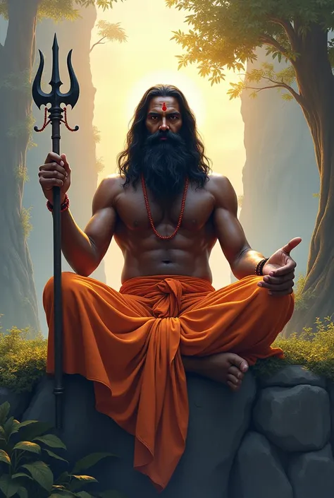 The image is a digital illustration of Hindu rishi baba with faced properly front side his wearing orange color dhoti, with black beard

sitting cross-legged on rocky cliff at centre and the forest in the background. 

They were holding a trishul in his ri...