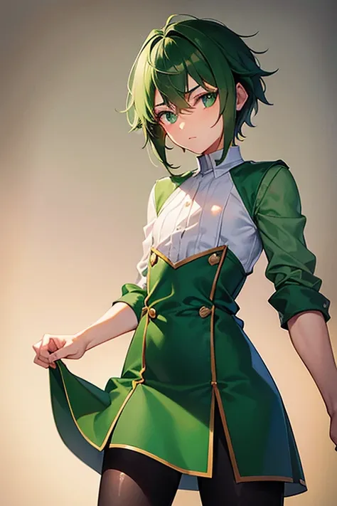 teenage boy wearing plain green tunic and spats, (beautiful detail eyes), (soft+cute), ((best quality)), ((masterpiece))