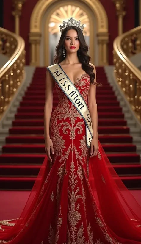 The image features a Beutiful woman wearing a red GLOWING gown with intricate gold embroidery, a sash reading "MISS  2025," and a crown. She is standing in an ornate, grand setting with red carpeted stairs in the background. The text at the bottom of the i...