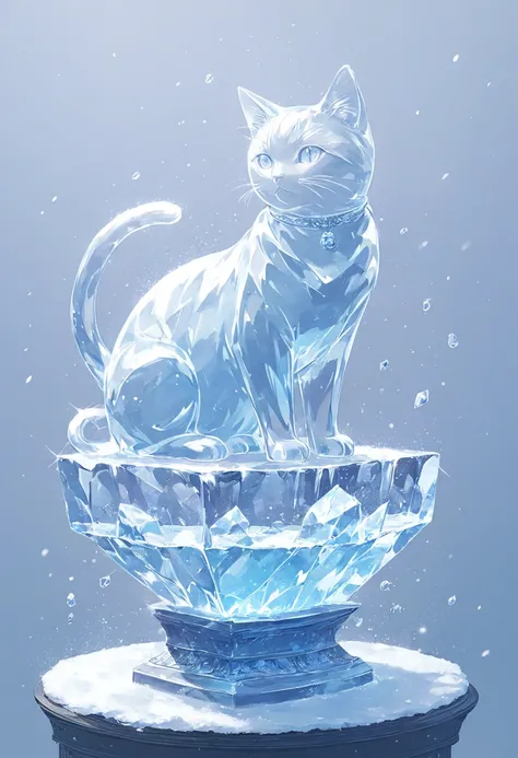 Ice statue of a cat ,A large ice statue , is on a pedestal,Transparent Cat, transparent, there is a blizzard