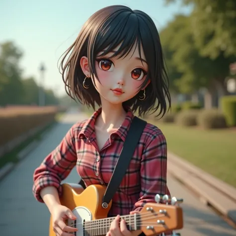 
 Araf woman with guitar sitting on park bench,  with glazed tile skin ,  eyes very detailed , Cheek red, pink , Black woman ,  Extra-long hair 2m long ,  Use a bright red, black, blue plaid shirt. Beautiful South Korea,  guitarist , Holding a , Play the g...