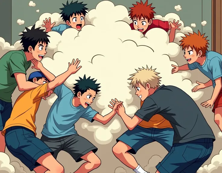 An anime-style comic depicting many boys playfully wrestling with each other inside a room comical fight cloud.
each boy has different  colored hair.
their faces,hands,and feet are visible emerging from the cloud as they tussle humorously,  with the rest o...