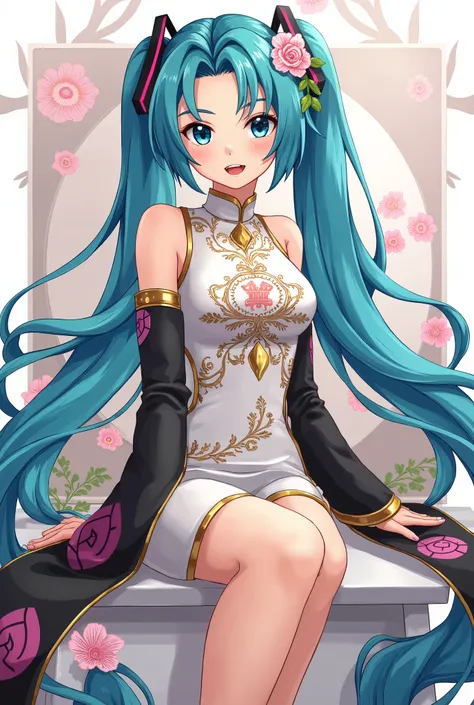 (masterpiece、 top quality、 top quality、 official art、 beautiful and beautiful :1.2)、( one girl:1.3) Hatsune Miku 、 twin tails, Beautiful breasts, 1 girl ,Bush, fashionable girl , Chinese Dress ,Chinese clothes, hair flower,( Masterpiece  :1.4),( top qualit...