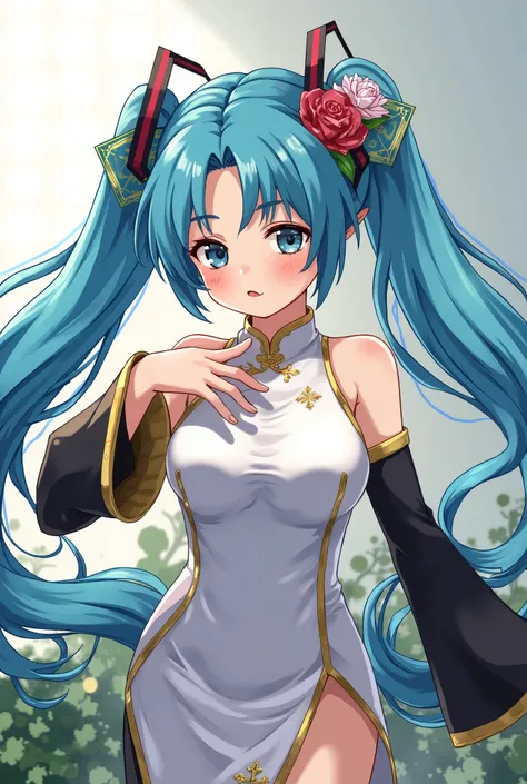 (masterpiece、 top quality、 top quality、 official art、 beautiful and beautiful :1.2)、( one girl:1.3) Hatsune Miku 、 twin tails, Beautiful breasts, 1 girl ,Bush, fashionable girl , Chinese Dress ,Chinese clothes, hair flower,( Masterpiece  :1.4),( top qualit...