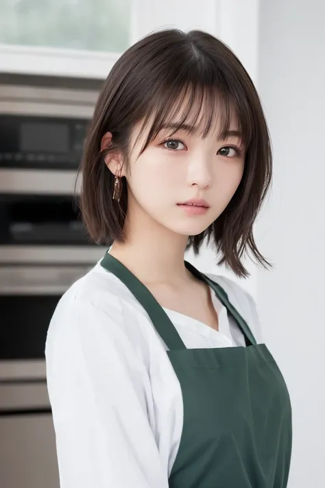 masterpiece,  top quality,  one woman, (Moss Green、Fancy Apron:1.2), 20 years old、(RAW 写真 top quality), (reality, reality的:1.4),  sexy、iris、 very detailed eyes and face,  Beautiful Detailed Nose , beautiful eyes,  perfect anatomy 、 short hair to be shoulde...