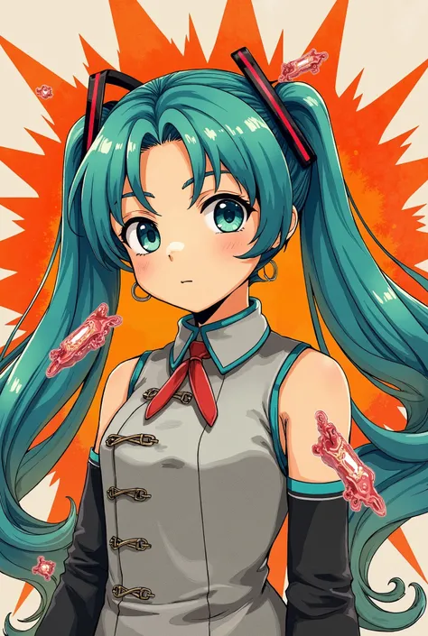 (masterpiece、 top quality、 top quality、 official art、 beautiful and beautiful :1.2)、( one girl:1.3) Hatsune Miku 、 twin tails, Beautiful breasts,MeiyuCipher One girl&#39;s face portrait、 The orange spike aura is moving, Damaged Chinese clothing, Floating p...