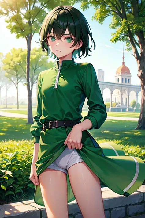 teenage boy wearing plain green tunic and spats, (beautiful detail eyes), (soft+cute), ((best quality)), ((masterpiece))