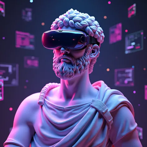 roman bust statue, technology, neon purple and blue, statue with virtual reality glasses, ui design