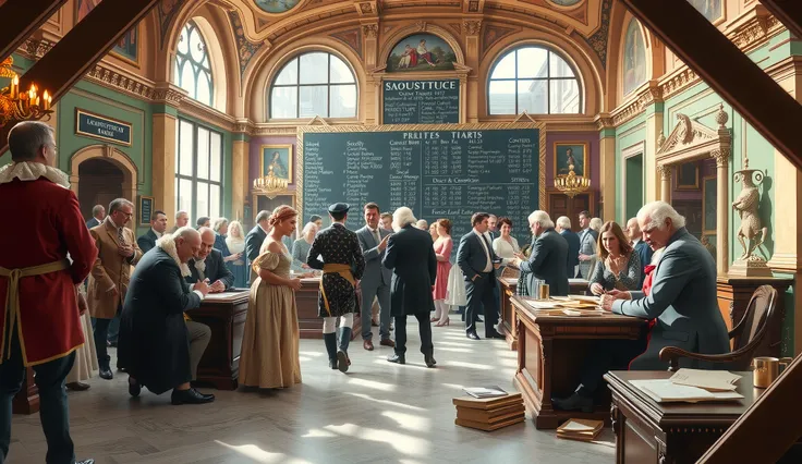 A hyper-realistic depiction of people engaging in stock market transactions in 1720 Paris during the height of the Mississippi Bubble. The scene is set in an ornate indoor trading hall with tall arched windows allowing sunlight to pour onto the polished ma...