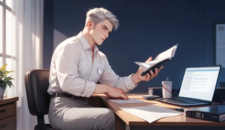  A man is working late in the office .  She wears a white silk shirt ,  a gray pencil skirt and high heels .  Her expression is one of concentration ,  while his desk is full of documents and a computer turned on. night background