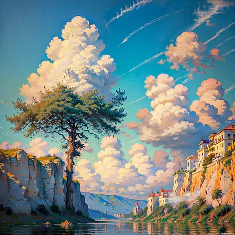 8K quality,(super masterpiece:1.3), top quality, detailed images,unmanned,Two angels are blowing their trumpets ,(heaven,Sky,Shangri-La,Arcadia,Utopia),( There is a beautiful lake above the clouds, water is flowing from the clouds , covered by many clouds ...