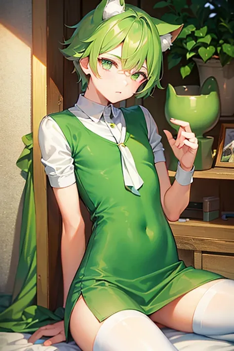 teenage boy wearing plain green tunic and spats, cat hands, (beautiful detail eyes), (soft+cute), ((best quality)), ((masterpiece))