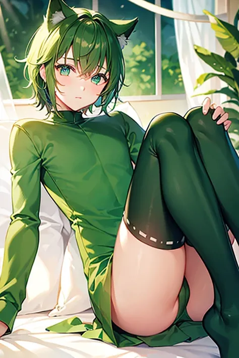 teenage boy wearing plain green tunic and spats, cat hands, (beautiful detail eyes), (soft+cute), ((best quality)), ((masterpiece))