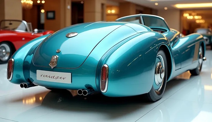 aqua blue color Close right view of painted aqua blue  with shiny clour  1949 Delahaye 175  S Roadster sleek in large shape sedan in large size with Delahaye  logo on its large detailed grille in shiny white clour with angular sporty design captured from c...