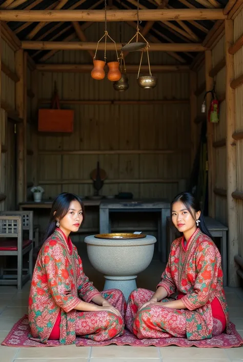 This picture shows two beautiful Indonesian women sitting on the floor.  They wear traditional clothes consisting of kebaya and batik cloth .  The Kebaya worn has floral motifs of different colors ;  one in green with colorful floral motifs ,  and others i...