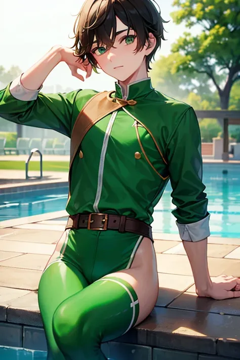 teenage boy wearing plain green tunic and spats, on the poolside, (beautiful detail eyes), (soft+cute), ((best quality)), ((masterpiece))