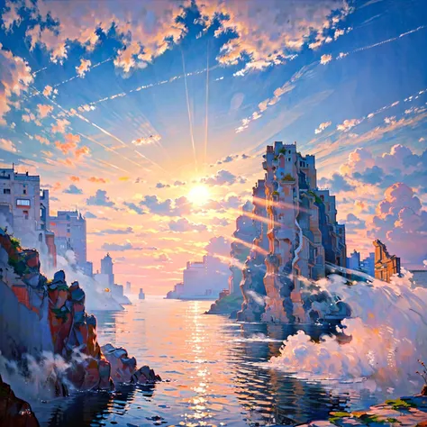 8K quality,(super masterpiece:1.3), top quality, detailed images,unmanned,(heaven,Sky,Shangri-La,Arcadia,Utopia),( there is a beautiful lake above the clouds, water is flowing from the clouds , covered by many clouds ),(The sun is God 々Shining brightly, gr...