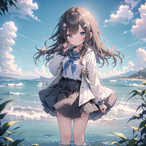 ((( super detailed,  Highly Detailed CG, masterpiece,  High Quality , 4K,  high definition , sharp concentration,Calm sea, Anime Style Illustrations ))),(Alone:1.3), cute, smiles,(An elementary school-aged girl is standing in shallow water:1.4), Light Blue...