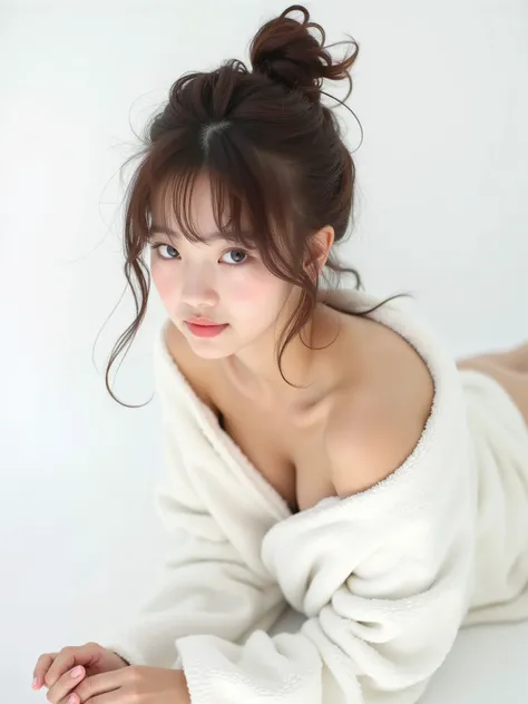 real photograph, (masterpiece), (Best Quality), (Super detailed), (messy hair ), ( A Japanese girl ), (Wrap a white bath towel around your body), on all fours (pose) , fashion model , (simple White background),  more beautiful and delicate eyes than keelth...