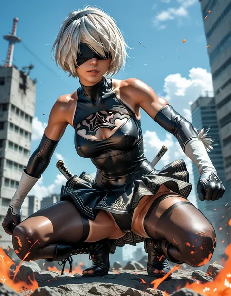 1woman, ((2B)),(Nier Automata 2B), white hair, blindfold over eyes, (ultra-detailed face), accurate face, ((black) tomboy style skirt:1.24), ((open-sided:1.32) leotard under skirt:1.39), (high side slits in skirt), sleeveless, black over-elbow gloves, opaq...