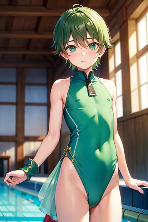 teenage boy wearing plain green tunic and spats, on the indoor poolside, (beautiful detail eyes), (soft+cute), ((best quality)), ((masterpiece))