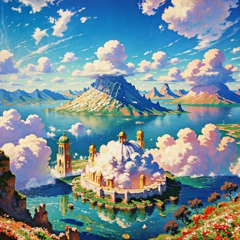 8K quality,(super masterpiece:1.3), top quality, detailed images,unmanned, imaginary,dreamy,Only sun, clouds, and lake,(heaven,Sky,Shangri-La,Arcadia,Utopia),( there is a beautiful lake above the clouds, water is flowing from the clouds , covered by many c...