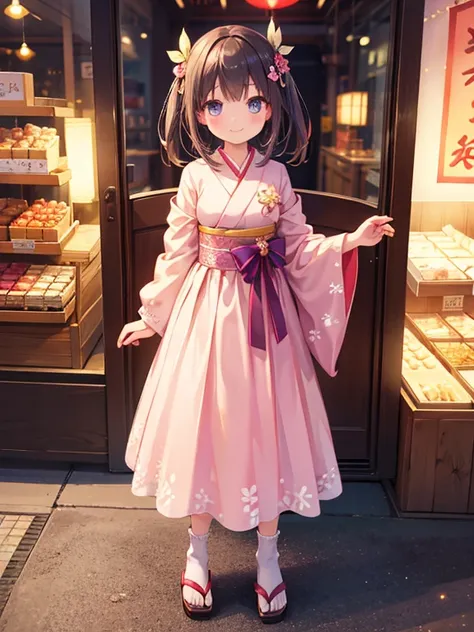  girl,  dress,smile,  standing, The cutest in the world , [Photo details,  detailed face  , Japanese sweets shop, Brilliant Light  , Realistic glow photos with beautiful attention to detail:2.0, Masterpiece  ,  top quality,  very detailed, do,((whole body)...