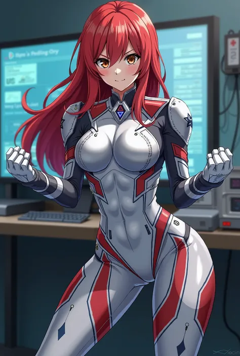   My Hero Academia Style ,   anime girl  , woman, young woman ,  full body shot ,( Fighting Stance :1.3), long hair, Red Hair,   Brown Eyes , hero suit, Full Body Suit, silver suit with red and blue details,  Perfect Anatomy  ,  enhanced abs , super detail...