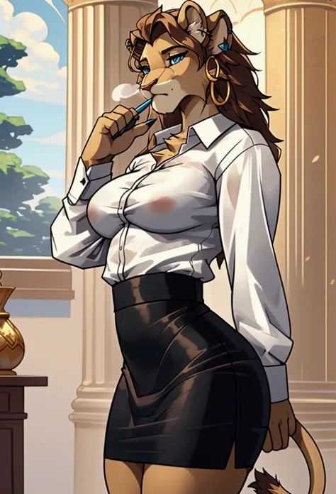 (anthro furry:1.2),1girl, solo, female, lioness , (brown fluffy fur, lion ears, blue eyes, normal breasts, gold hoop ear ring), (tight formal white shirt long sleeves and pencil skirt), (standing, blowing kiss,), (masterpiece:1.2), hires, ultra-high resolu...