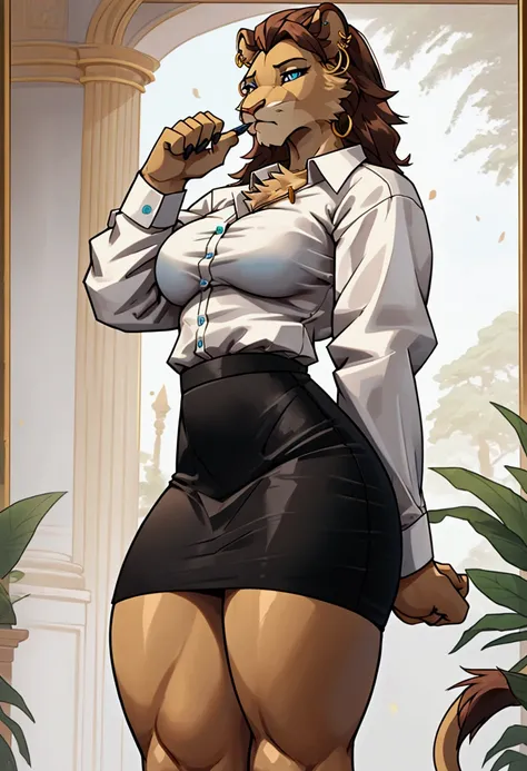 (anthro furry:1.2),1girl, solo, female, lioness , (brown fluffy fur, lion ears, blue eyes, normal breasts, gold hoop ear ring), (tight formal white shirt long sleeves and pencil skirt), (standing, blowing kiss,), (masterpiece:1.2), hires, ultra-high resolu...