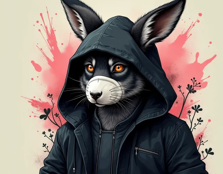  Create a graffiti-style image of an anthropomorphic rabbit wearing a mask, Create a graffiti-style image of an anthropomorphic wolf wearing a black coat and hood  