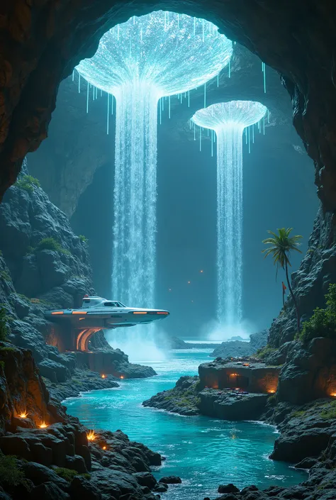 Deep beneath the surface of an alien world lies a mesmerizing subterranean realm, where technology and nature merge in perfect harmony. Waterfalls of liquid light cascade into crystalline pools, illuminating a sprawling port alive with breathtaking activit...