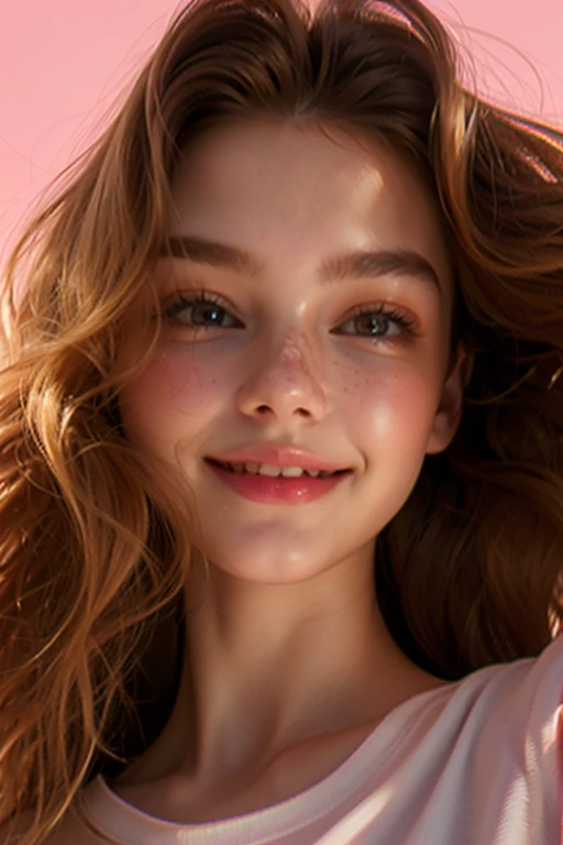 the girl is slender,model appearance, model pose , relaxed, smiling, blonde with wavy hair and brown eyes, 70% of the face in the photo, selfie in a white shirt with a bright pink background