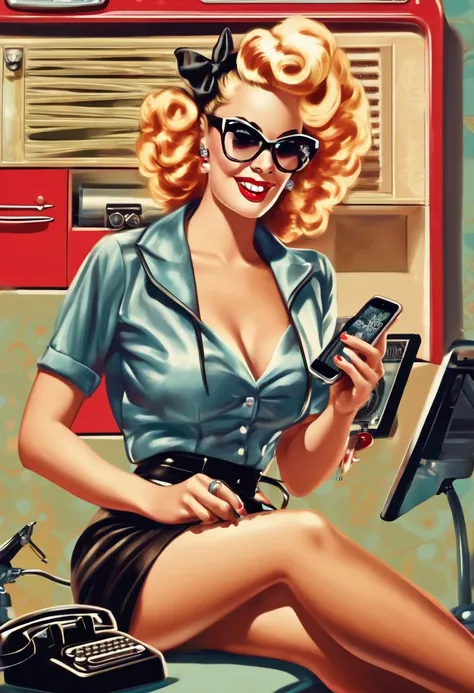 creat an illustration of modern pin up girl, 1950´s style, cellphone seller pinup woman in sexy outifit, short skirt and many electronic devices