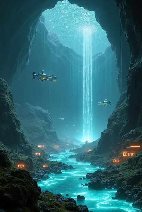 Deep beneath the surface of an alien world lies a mesmerizing subterranean realm, where technology and nature merge in perfect harmony. Waterfalls of liquid light cascade into crystalline pools, illuminating a sprawling port alive with breathtaking activit...