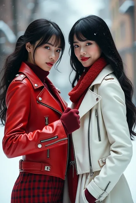 A beautiful Asian beauty wearing a bright red biker jacket and winter fashion and sticking out her fist、 smiling、A beautiful Western woman wearing a pure white riders jacket and winter fashion is waving and peace signs while looking at me 、Hairstyles are b...