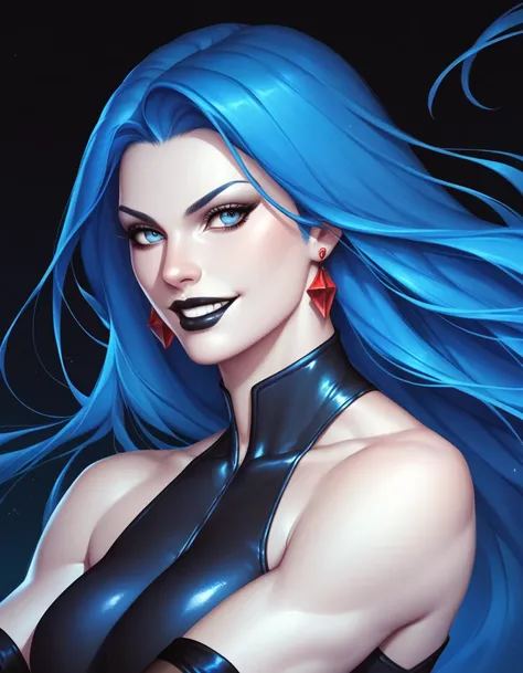 female black sleeveless bodysuit, bare shoulders, racerback, long gloves, toned arms, wearing coat, beautiful faces, black lips, blue hair, long hair, earrings, soft smooth skin, pale skin, black background, blue eyes, sci-fi, evil grin, assassin