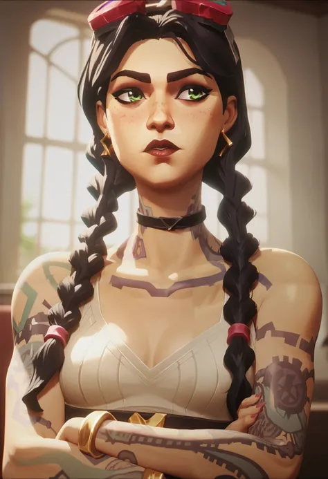 character design, One girl, Jules (fortnite), green eyes, black hair, blushed, freckles, detailed face, beautiful face, looking aside, medium breasts, tattooed body, crossed arms, 