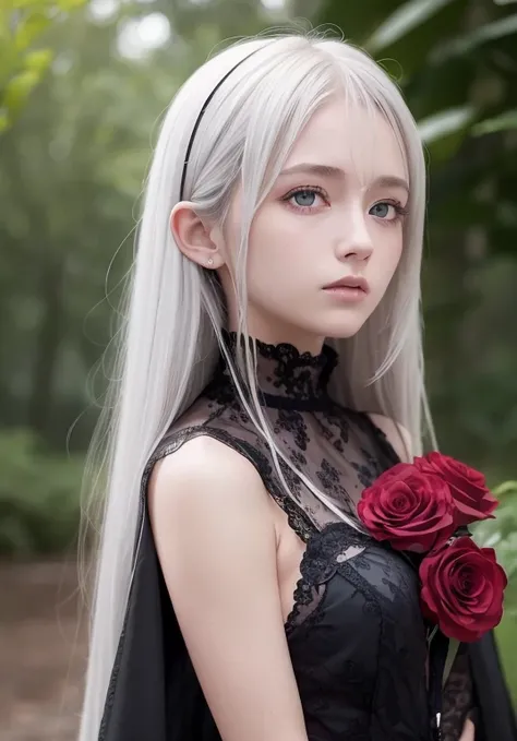  1 girl ,Alone, 1 girl ,Alone,(( beautiful detailed eyes)), (Detailed light), depth of field,( white-haired),Silver Eyes,Hair on one eye,(Red Flower ),  hair flower, long hair, black cloaks, wet,No emotion, look back,  knight ,Starfall, its raining ,fog,Re...