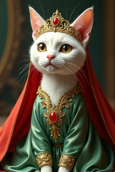 a white cat in a green dress with a gold tiara on its head and a red veil on its head, Bouchta El Hayani, qajar art, highly-detailed, a screenshot