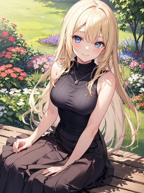  1 girl, solo, Blonde,  long hair, Straight Hair, Beautiful breasts, medium chest , sleeveless turtlenecks, Long Skirt, Necklaces , blue eyes, Droopy eyes,  closes her mouth, smiles, Seductive Smile , sitting on a bench, high definition ,  simple backgroun...