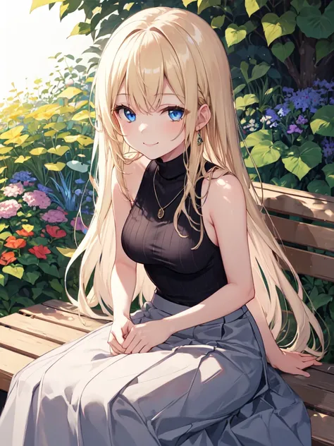  1 girl, solo, Blonde,  long hair, Straight Hair, Beautiful breasts, medium chest , sleeveless turtlenecks, Long Skirt, Necklaces , blue eyes, Droopy eyes,  closes her mouth, smiles, Seductive Smile , sitting on a bench, high definition ,  simple backgroun...