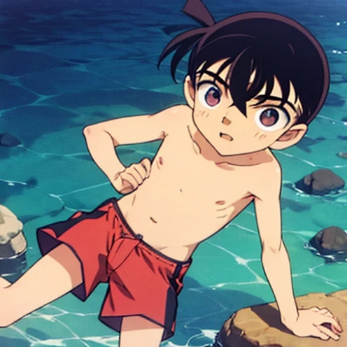 Boys, swimming trunks, Slim Sexy , black hair,  naked body,  Red-Faced, Conan, 