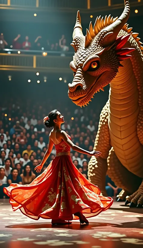   "The scene transitions to a grand stage where a beautiful girl performs an elegant dance. She wears a flowing red and gold gown adorned with intricate dragon-scale patterns, shimmering under the spotlight. Across from her, a majestic dragon stands tall, ...