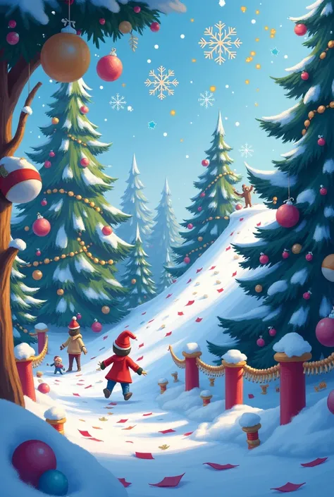   classic Disney style  .  Cartoon fairy tale  ,    A magical winter forest of Christmas trees ,  decorated with balloons and beads  ,  beautiful . New Year. Beauty.  large snowflakes  beautiful ly carved ,   sparkles and sparkles fly  .   Confetti and cra...